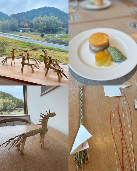 ワークショップの風景4コマ 景色とデザートと午のお飾りとしめ縄